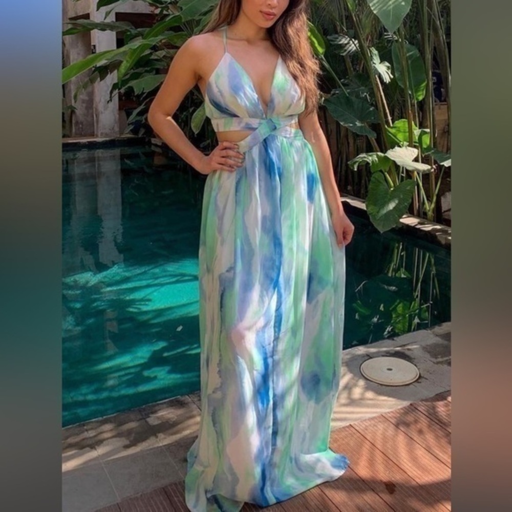 Fashion Nova Cutout Teya Tie Dye Maxi Dress - Green/combo